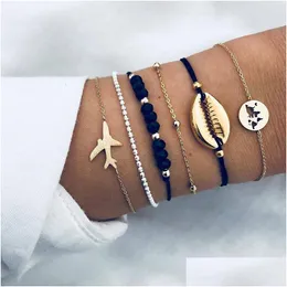 Charm Bracelets 6Pcs/Lot New Bohemian Sea Shell Set For Women Gold Aircraft Map Crystal Beads Chains Bangle Female Fashion Boho Drop Dhnqq