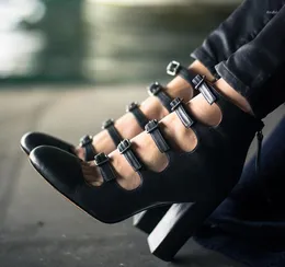 Elbise ayakkabıları siyah seksi tıknaz yüksek topuklu toka kayış kesim deri pompalar sandaletler Mary Jane kadın moda buty baraj
