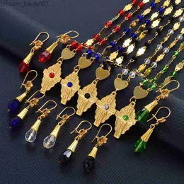 Anhänger Halsketten Anniyo Haii Schmuckset Blumenkreuz Anhänger Halskette Ohrringe Kristallperlen Kugelkette Guam Mikronesien Chuuk Z230706