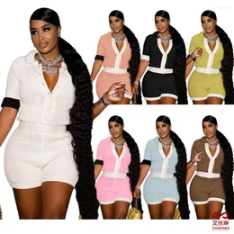 Women's Tracksuits JGAMYIK Color Block Short Sets Women Summer Crochet 2 Piece Outfits Knitted Beach Wear Shirts And Shorts Set Bikini Cover