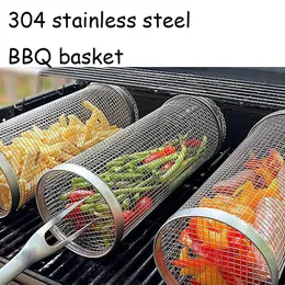 Grille Grille Rolling Grilling Basket Stal nierdzewna Szczelna siatka Stojak na grilla Piknik na świeżym powietrzu Kemping Prosty cylindryczny Grill 230704