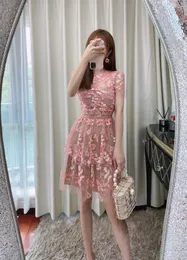 New S-elf - Portrait Red Pink Flower Sequins Round Neck Layered Dress Short Skirt