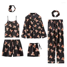 Women's Sleepwear QWEEK 7 Pieces Pajamas Sets Faux Silk Christmas Striped Pyjama Pour Femme Spring Summer Homewear
