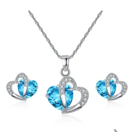 Orecchini Collana Set di gioielli in cristallo austriaco Cubic Zirconia Cz Doppio ciondolo a forma di cuore Set di orecchini per le donne Regalo di lusso Drop De Dhuqh