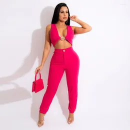 Calças Femininas de Duas Peças Zabrina Conjunto Sólido Feminino Sem Mangas Sexy Bodycon 2 Conjuntos Roupas Femininas Colete Crop Top Calças Ternos Tecido Elegante