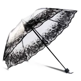 Guarda-chuvas Transparente Guarda-chuva Mulheres Chuva Três vezes Grosso Plástico Transparente Lace Parasol Moda Meninas Guarda-chuva