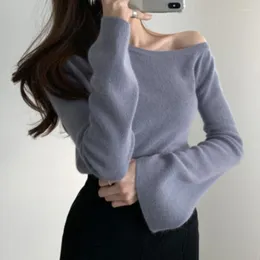 Swetry damskie Hikigawa Chic Fashion Women Retro Slim Fit głęboki dekolt Off Shoulder sweter z dzianiny jesień wewnętrzna najniższy sweter Top