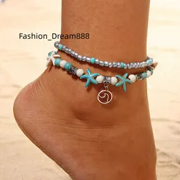 Summer Beach Anklets Starffish Wave Sea Turtle Shell Tree of Life Charm Jowly Jewelry for Women Lady Pearl Beaded Anclet