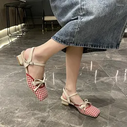 Sandálias 2023 Bico quadrado Salto Alto Feminino Nó Laço Sapatos Moda Baixo Verão Salto Slingback Tamanho 35-39