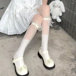 Calcetines de mujer Bowknot medio tubo estilo japonés princesa malla medias dulce chica lindo verano Lolita largo fino calcetería