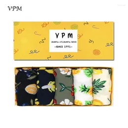 Women Socks VPM Women's Dress Flower Flower Fruit Fruit Fruit Fruit Fruit Japanes Harajuku Sock for Girl Gift Box (5 أزواج / الكثير)