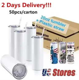 US Warehouse STRAIGHT 20oz Sublimation Tumblers with Straw Stainless Steel Water Bottles Double Insulated Cups Mugs for Birthday Party Gift