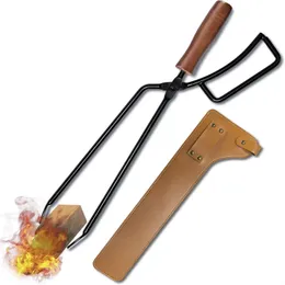 BBQ Grills Barbecue Charcoal Clip Iron Wood Handle Houndi مع غطاء جلدي في الهواء الطلق في الهواء الطلق.