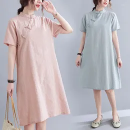 Abbigliamento etnico Cotone Lino Giallo Rosa Bianco Blu Allentato Moderno Cheongsam Abito Orientale Donna Manica Corta Qipao Tradizionale Cinese