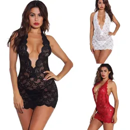 Kadın pijama mini bodycon chemise elbise beyaz kırmızı siyah dantel ve mesh şeffaf sırtsız babydoll g-string seksi iç çamaşırı seti s225o