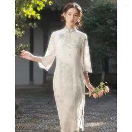 Abbigliamento etnico 2023 Cheongsam migliorato floreale lungo manica lunga in chiffon abito vintage slim-fit elegante tradizionale allentato Qipao dalla S alla XXL
