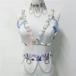 Trajes sensuais gótico feito à mão holográfico PVC conjunto de 3 peças feminino colarinho gargantilha sexy crop top elo corrente cinto rave festival ma272j
