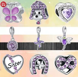 925 ciondoli in argento con perline si adattano al fascino pandora Nuovo set di ciondoli lucidi per cani con cuore a farfalla girandola in zirconi viola