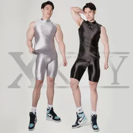 Badkläder XCKNY herr Siden GLANS färg sexig lyster Shorts med hög midja Byxor smidig bodybuildingväst oljig glänsande Yoga löparsportkläder 230705
