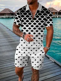 Agasalhos Masculinos Ternos Masculinos 3D Preto Dot Print Summer Short Sleeve Polo Shirt Shorts Tracksuits Fashion Zipper Polo Shirt Two Piece Set 230706