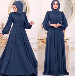 Etniska kläder Muslimska kvinnor Enfärgad klänning med pärlor Chiffong Chic Elegant Puffärm Robe Fritidsdaglig semestertunika Kaftan Old Dubai Abaya