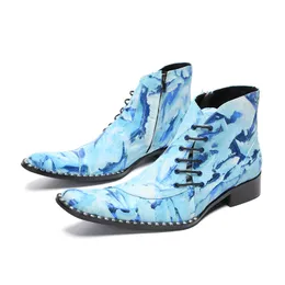 Män Autumn äkta S Fashion Print Lace Up High Quality Bright Leather Pointed Shoes Dress Boots Fahion Hoe Dre Boot