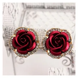 Stud luksusowe kolczyki w kształcie kwiatu róży dla kobiet kryształowy klips na modna biżuteria dziewczęca prezent w Bk Drop Delivery Dhxo2