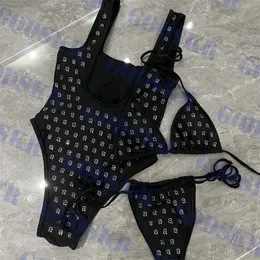 Diamant-beschrifteter Badeanzug Damen-Bikini-Set Sexy einteilige Badebekleidung Schwarzer Schnür-Badeanzug Damenbekleidung