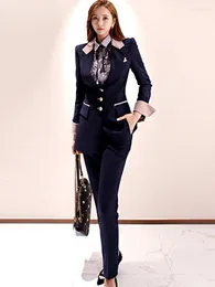 Pantaloni a due pezzi da donna Fashion Korean 2 Outfit Donna OL professionale Giacche Blazer formale Top da lavoro Cappotto Pocke Pantaloni Completi lunghi