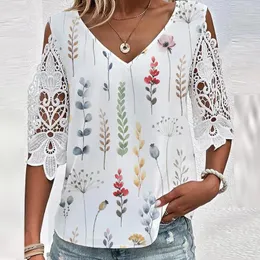 Women's Blouses Summer Fashion Off Shoulder Blouse Shirts Women Casual Floral Print Embroidery Lace Hollow Tops V-Neck Short Sleeve Pullover
