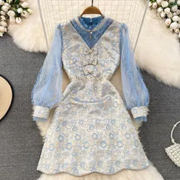 Robes Décontractées Été Piste Maille Patchwork Mini Robe Femmes Arc Perles À Manches Longues Fleur Imprimé Jacquard Fête Court Vestidoss