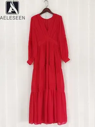 Vestidos casuales AELOSEEN Designer Fashon Maxi Dress Primavera Verano Manga farol Con cuello en V Rojo Blanco Plisado Volantes Elegante Fiesta larga Vacaciones