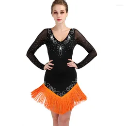 Bühnenkleidung Latin Dance Wettbewerb Kleider Frauen Samba Rumba Tango Kleid Fransen Quaste Schwarz Orange Lq081