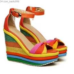 Dress Shoes WDHKUN Summer Sandals Women's Wedge Multi color Patch Work Sandals Peel Toe Caligae Sandals High Heels Z230711