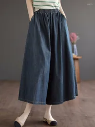 Jeans femme rétro jambe large décontracté ample taille élastique bleu Harajuku mode jupe pantalon haut solide surdimensionné