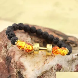 Beaded New Arrival Lava Rock Beads Bracelets With Gold Dumbbell Amber Lampwork Glass Stretch Bangle For Women Men Fashion Jewelry Dr Dhzzf