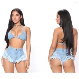 Women's Shorts Triangle Denim Hanging Neck Ragged Pants Sexy Strap Set High Waisted Jeans