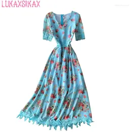 パーティードレス LUKAXSIKAX 夏の女性の V ネック半袖スリムロングドレス高品質レースパッチワーク甘い花柄シフォン