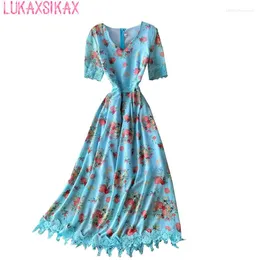 Vestidos de Festa LUKAXSIKAX Verão Feminino Decote em V Manga Curta Magro Vestido Longo Alta Qualidade Renda Patchwork Doce Floral Chiffon