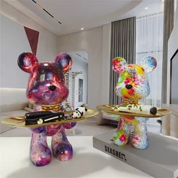 Decorative Objects Figurines Bear statue with tray storage animal handicraft resin sculpture keys sundries snacks table top decorations 230705