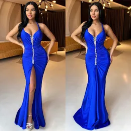 Royal Blue Sexy Sheath Prom Dresses Front Beads Evening Gowns Pleats Slit Formal Long Special Ocn Party Dress