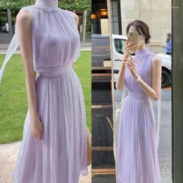 Casual Dresses Korean Chiffon Elegant Purple Dress Women's Spring Summer Gentle Long Skirt High Collar Sleeveless Fashion Sexy