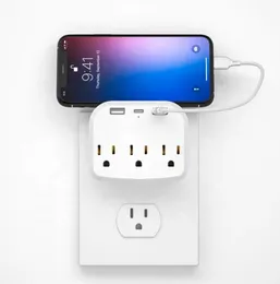 US Standard Outlet Extender Hotel Office Home Kitchen Outlet Extension Power Strip 2 USB 1Type C 3 AC Outlets Plug Adapter