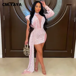 Basic Casual Dresses CM YAYA Women Mesh See Though Patchwork One Long Sleeve Sequined Ruffles Side Bodycon Dress Sexy Night Party Clubwear 230705