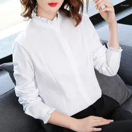 Women's Blouses KRCVES Plush Thickened Stand Collar Shirt Lady 2023 Autumn Winter Korean Version White Long Sleeve With Bottom Coat