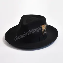 Vintage Soft Wool Fedora Hat Fashion Panama Trilby Jazz Hat Feather Decoration Gentleman Party Men Dress Hats