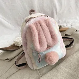 Mochilas Mochila de felpa con orejas de conejo coloridas, mochila escolar para niñas y niños, mochila cómoda suave y peluda para invierno, mochila para mujer 230705