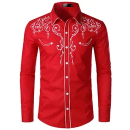 Herren-Freizeithemden, Herbstmode, besticktes Hemd, amerikanischer Western-Stil, schmale Passform, dünner Umlegekragen, lange Ärmel