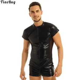 Maillot de bain pour homme TiaoBug été noir cuir verni manches courtes fermeture éclair avant maille côté 230705