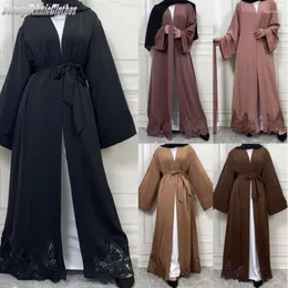 Etnische Kleding Dubai Kimono Mouw Vest Vrouwen Open Voorzijde Gewaad Moslim Islamitische Kant Abaya Kaftan Met Gordel Ramadan Jurk